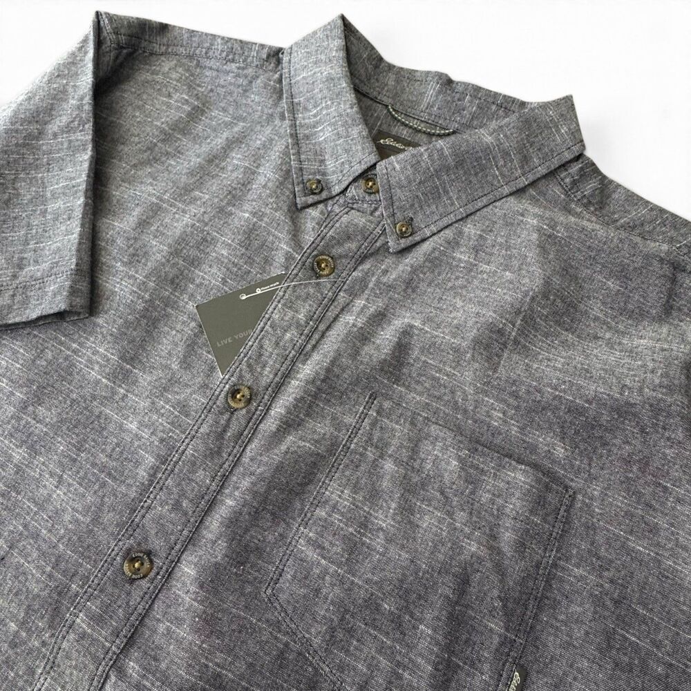 Eddie Bauer Button Up Shirt Men XXL Gray Blue Chambray NWT Short Sleeve Cotton - Picture 2 of 14